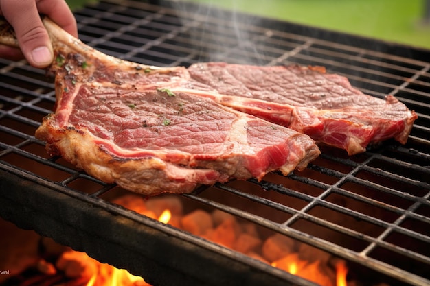 Mão colocando bife em uma grelha quente