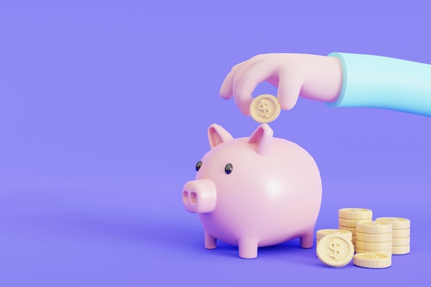 Mão colocando moeda em um cofrinho para economizar dinheiro, riqueza e finanças e começar a economizar espaço de cópia de conceito ilustração 3D