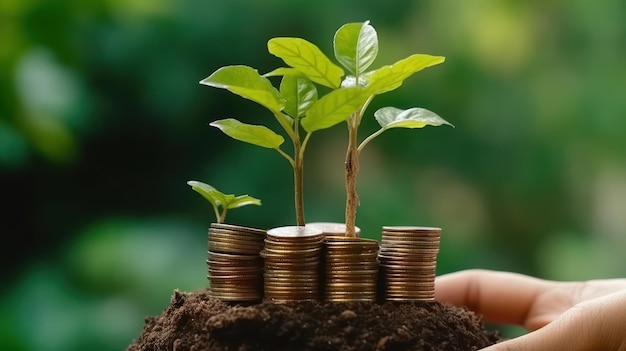 Mão colocando moedas com planta crescendo na pilha de moedas sobre fundo verde desfocado Estratégia de finanças de negócios ganhando dinheiro e economizando ideias conceito de investimento futuro renderização em 3D