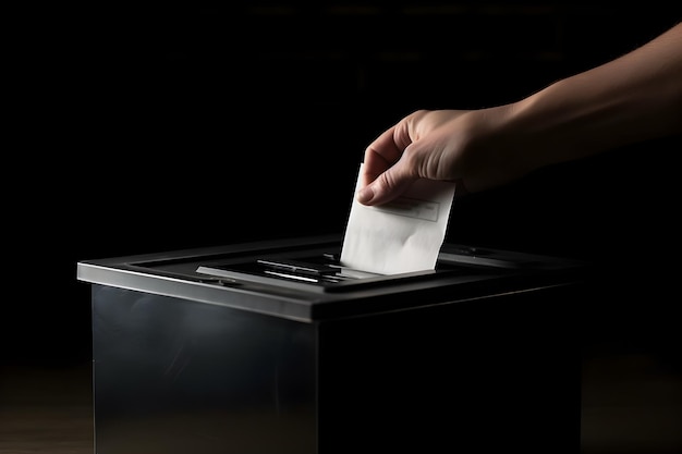 Foto mão colocando uma cédula de votação em uma urna de madeira generative ai