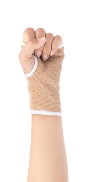 Mão com apoio de pulso elástico de tecido isolado no fundo branco