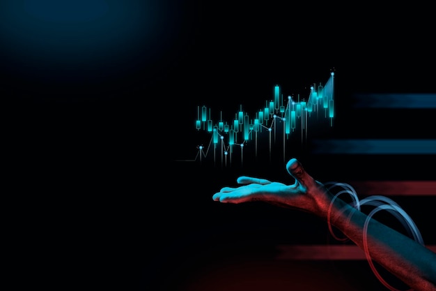 Mão com holograma pop futurista do mercado de ações