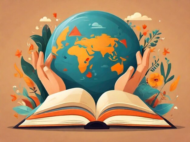 Mão com livro em estilo plano de desenho animado conceito de dia mundial do livro estudando aprendizado