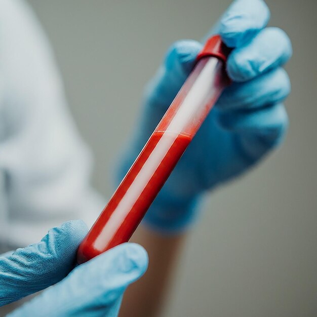 Mão com luvas segurando um frasco de sangue para análise de laboratório