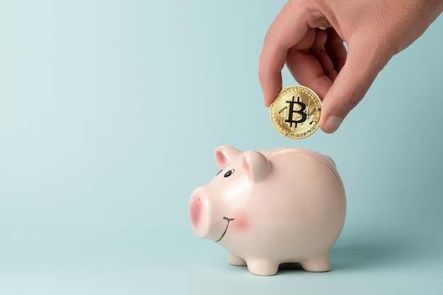 Mão com moeda de ouro Bitcoin e cofre de porco em fundo azul Conceito de investimento mínimo