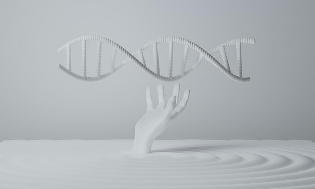 Mão com moléculas de hélice humana de dna pesquisa de células do homem biológico da ciência com renderização de ilustração 3d do genoma da estrutura sanguínea