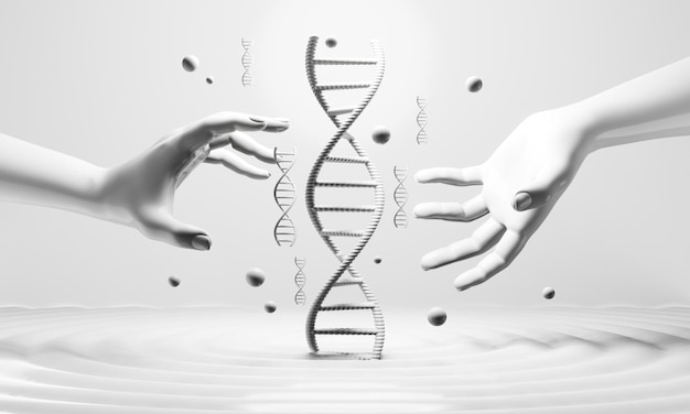 Mão com moléculas de hélice humana de dna pesquisa de células do homem biológico da ciência com renderização de ilustração 3d do genoma da estrutura sanguínea