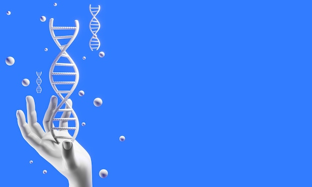 Mão com moléculas de hélice humana de dna pesquisa de células do homem biológico da ciência com renderização de ilustração 3d do genoma da estrutura sanguínea