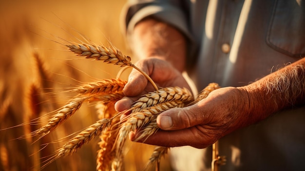 mão com orelhas de trigo no campo