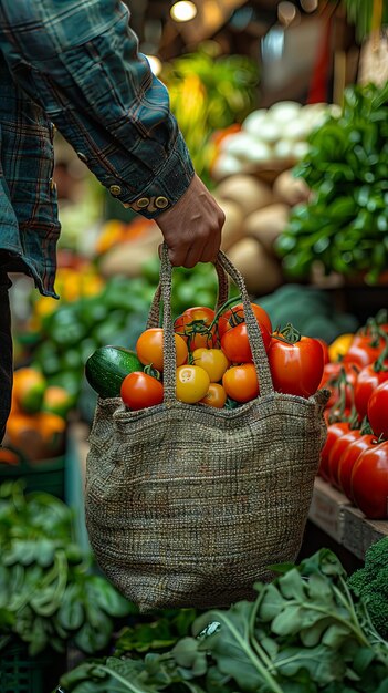 Mão com saco ecológico e vegetais