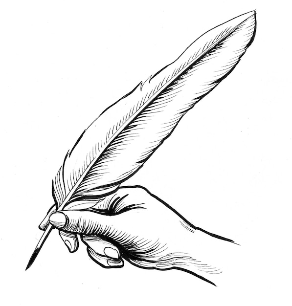 Mão com uma caneta de pena. desenho de tinta preto e branco