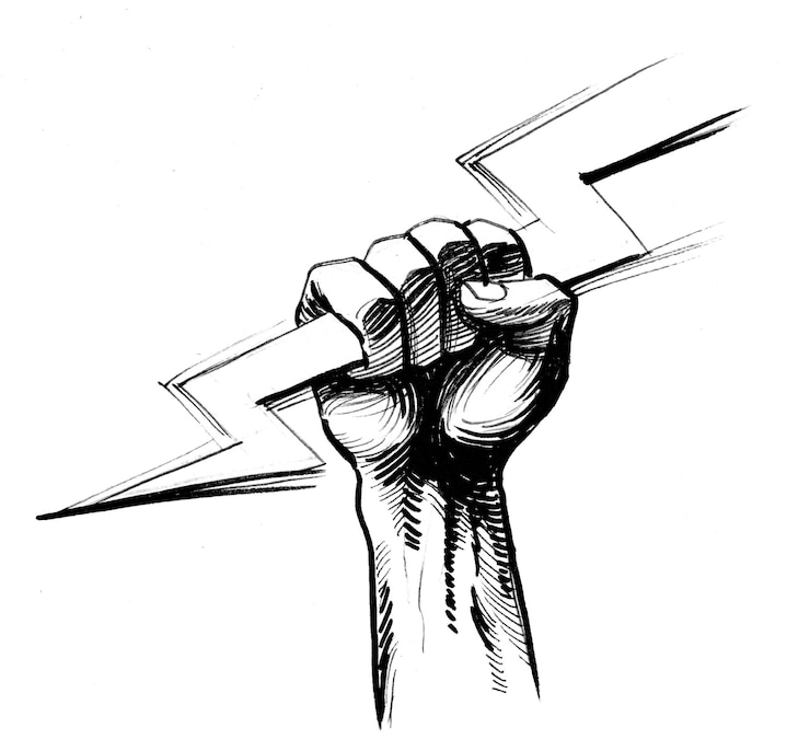 Foto mão com uma iluminação. desenho de tinta preto e branco