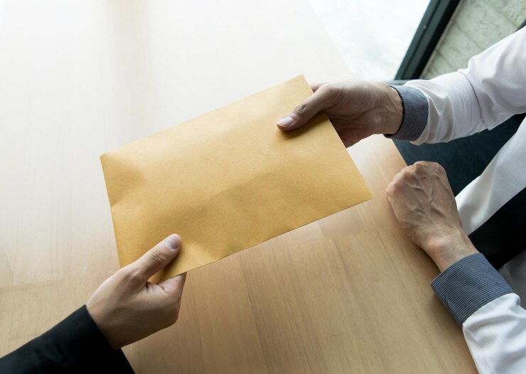 Foto mão cortada dando envelope a um homem de negócios na mesa