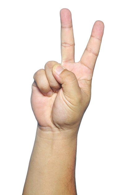Foto mão cortada de homem fazendo gestos de sinal de paz contra fundo branco