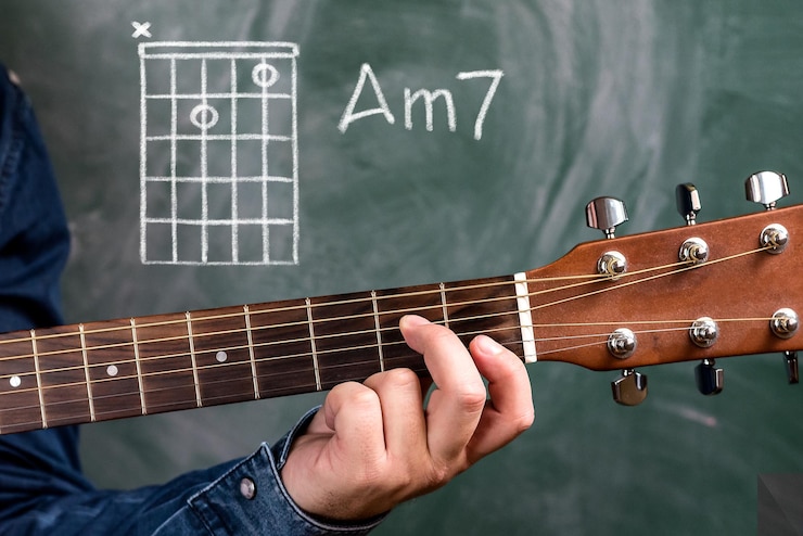 Foto mão cortada de homem tocando guitarra contra o quadro negro