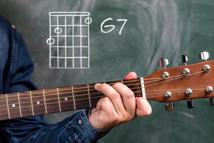 Foto mão cortada de homem tocando guitarra contra o quadro negro