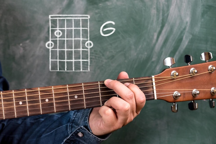 Foto mão cortada de homem tocando guitarra contra o quadro negro