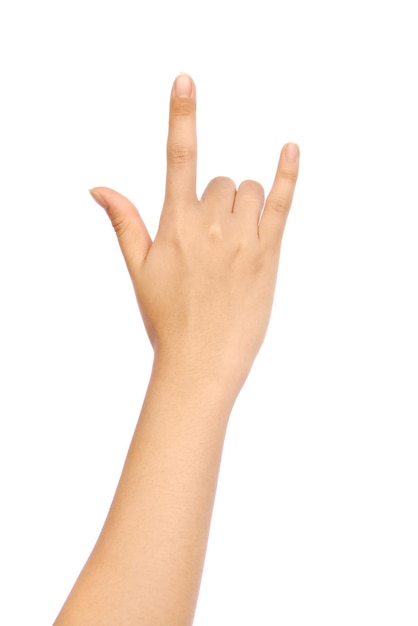 Mão cortada de mulher fazendo gestos contra fundo branco