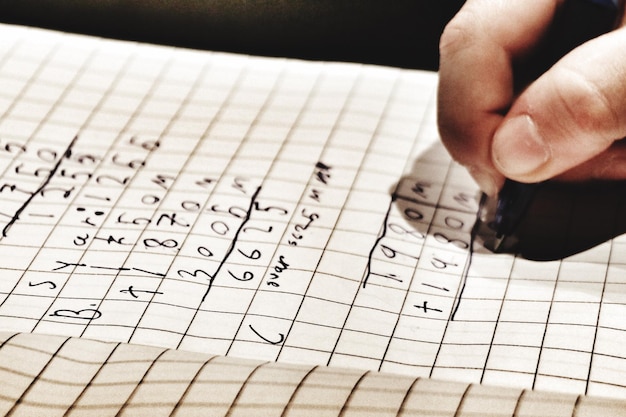 Mão cortada de pessoa resolvendo problemas de matemática em papel