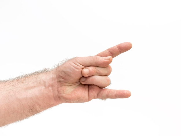 Foto mão cortada de um homem fazendo gestos contra um fundo branco