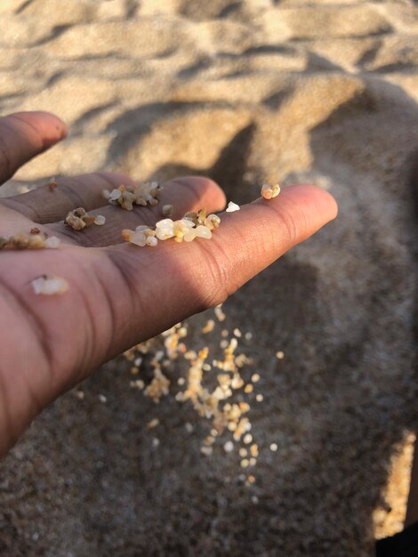 Foto mão cortada derramando pedras na praia