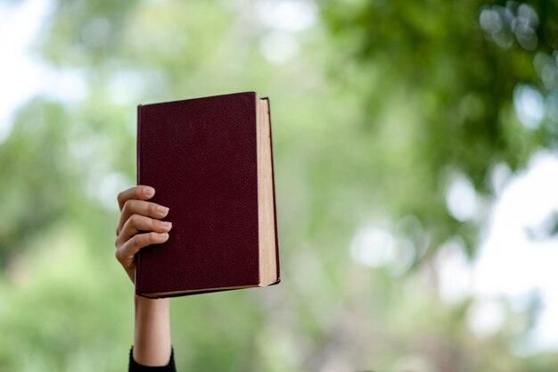 Foto mão cortada segurando livro contra árvores