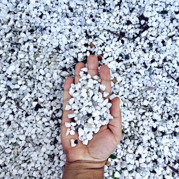 Foto mão cortada segurando pedras brancas