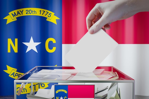 Mão da bandeira da Carolina do Norte deixando cair o cartão de cédula em uma ilustração 3D do conceito de eleição de votação de caixa