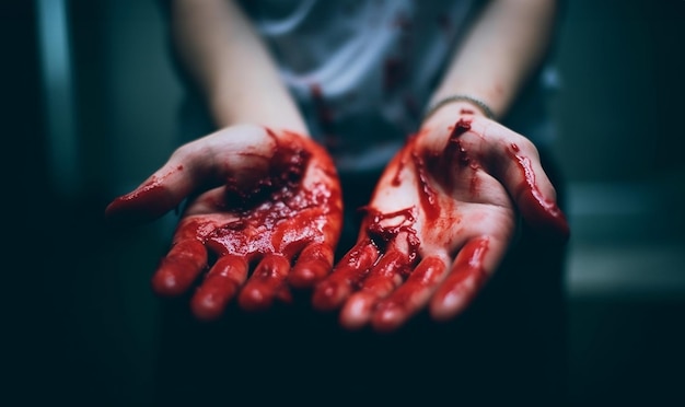Mão da pessoa morta ou do assassino com mãos sangrentas Abuso e violência doméstica horror
