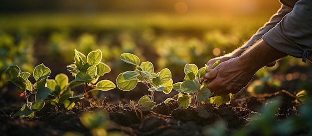 Mão de agricultor plantando mudas de soja no campo ao pôr do sol