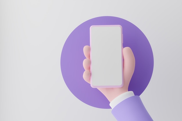 Mão de animação segurando smartphone com tela branca em fundo violeta d ilustração