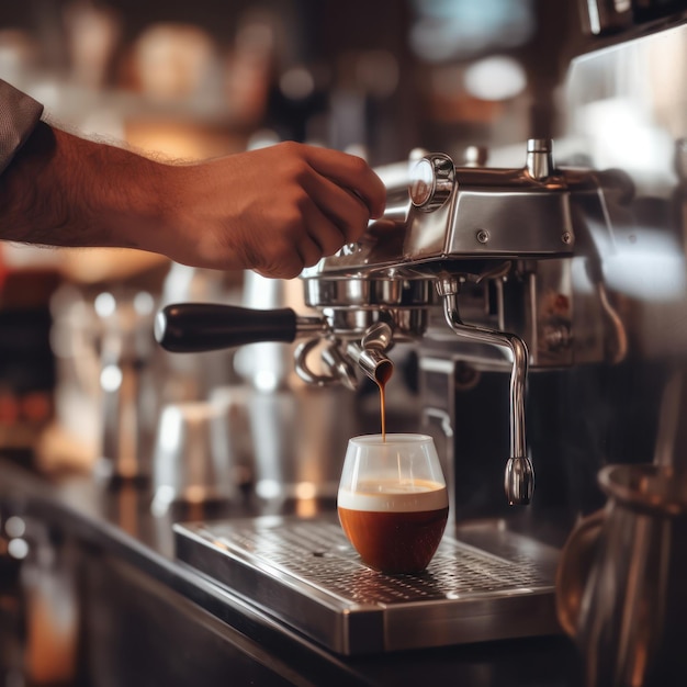 Mão de barista e café expresso derramando em uma xícara em uma cafeteria Máquina de café closeup portafiltro profissional Generative AI