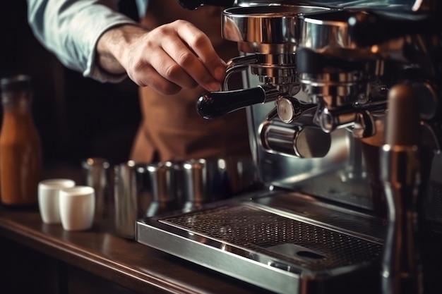 Mão de barista e café expresso derramando em uma xícara em uma cafeteria Máquina de café closeup portafiltro profissional Generative AI