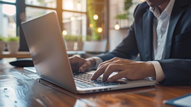 Mão de close-up de um empresário usando um laptop para trabalhar em um novo projeto de negócios na mesa no escritório