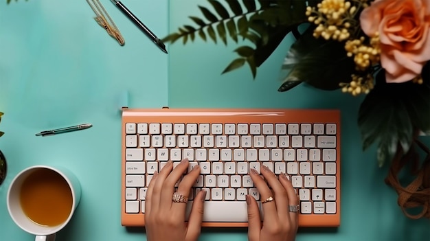 Mão de colheita usando o teclado perto de papelaria e café