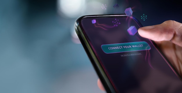 Mão de conceito de tecnologia web3 usando telefone celular para conectar carteira digital smart ewallet financeira e economia em close-up sem bordas