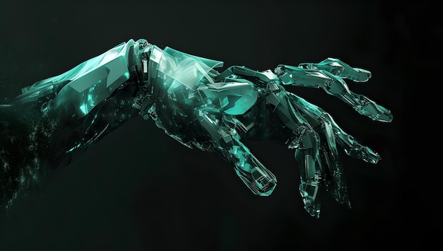 Mão de cristal futurista estendendo-se no espaço digital arte conceitual abstrata com um fundo escuro ideal para temas de tecnologia IA