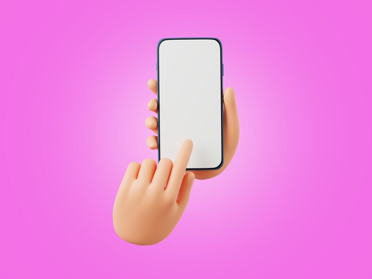 Foto mão de desenho 3d usando smartphone em fundo rosa ilustração de renderização 3d