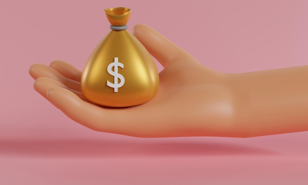 Mão de desenho animado 3d segurando o saco de dinheiro com ícone de dólar no fundo rosa renderização em 3d