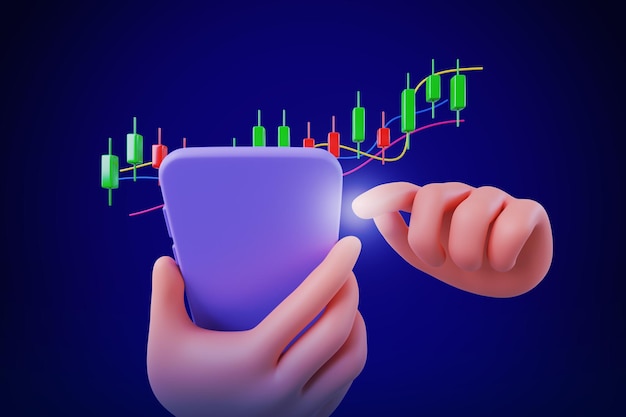 Mão de desenho animado 3D segurando smartphone usando símbolo de gráfico de negociação cripto mercado de ações de investimento