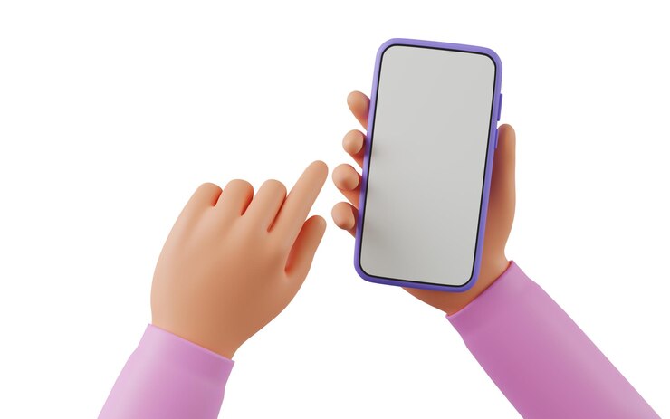Foto mão de desenho animado 3d usando smartphone em fundo branco com trilha de recorte ilustração de renderização 3d