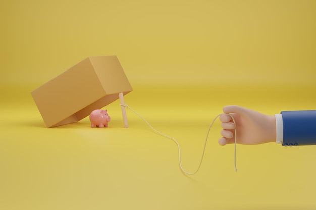 Mão de desenho animado segurando a corda de uma armadilha de caixa com um cofrinho dentro da ilustração 3d