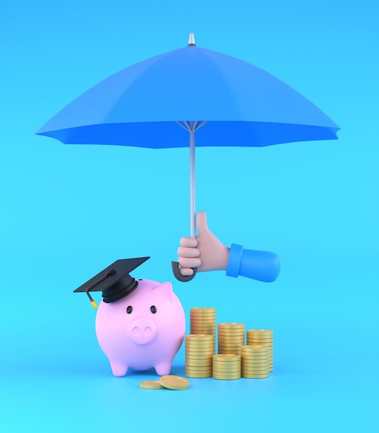 Mão de desenho animado segurando guarda-chuva azul para proteger o cofrinho e o conceito de plano de educação de dinheiro