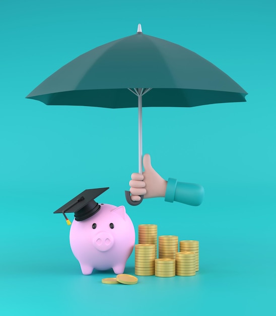 Mão de desenho animado segurando guarda-chuva verde para proteger o cofrinho e o conceito de plano de educação de dinheiro
