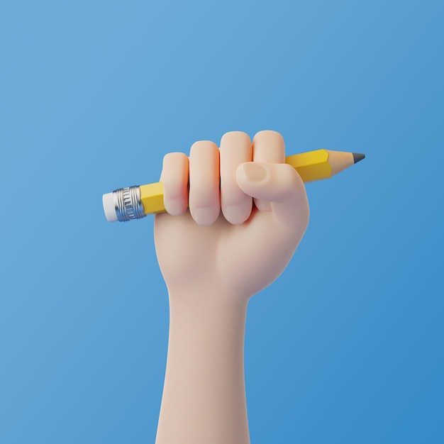 Mão de desenho animado segurando um lápis em um fundo azul Ilustração de renderização 3D