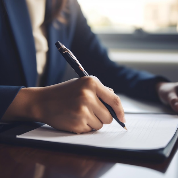 mão de empresária escrevendo em papel no escritório