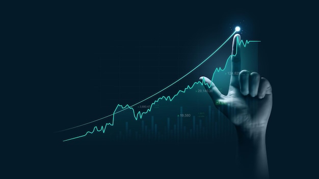 Mão de empresário apontando o dedo para o gráfico de negócios de finanças de sucesso de crescimento do diagrama de investimento gráfico financeiro de tecnologia do metaverso em análise de fundo de mercado de ações com troca de economia digital.