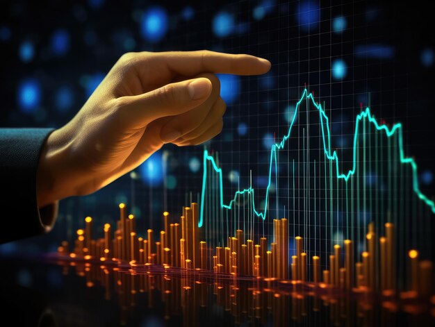 Mão de empresário apontando toque para traçar metas financeiras dedo gráfico de negócios econômicos planejamento previsão de marketing crescer conceito de investimento AI gerador