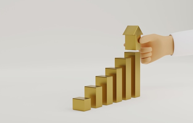 Mão de empresário segurando flechas que limitam o crescimento no gráfico de barras de escada dourada sobre fundo branco