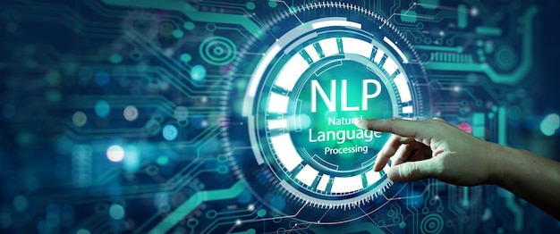 Mão de empresário tocando fundo de tela e tecnologia de holograma de PNL. Conceito de tecnologia de computação cognitiva de processamento de linguagem natural.